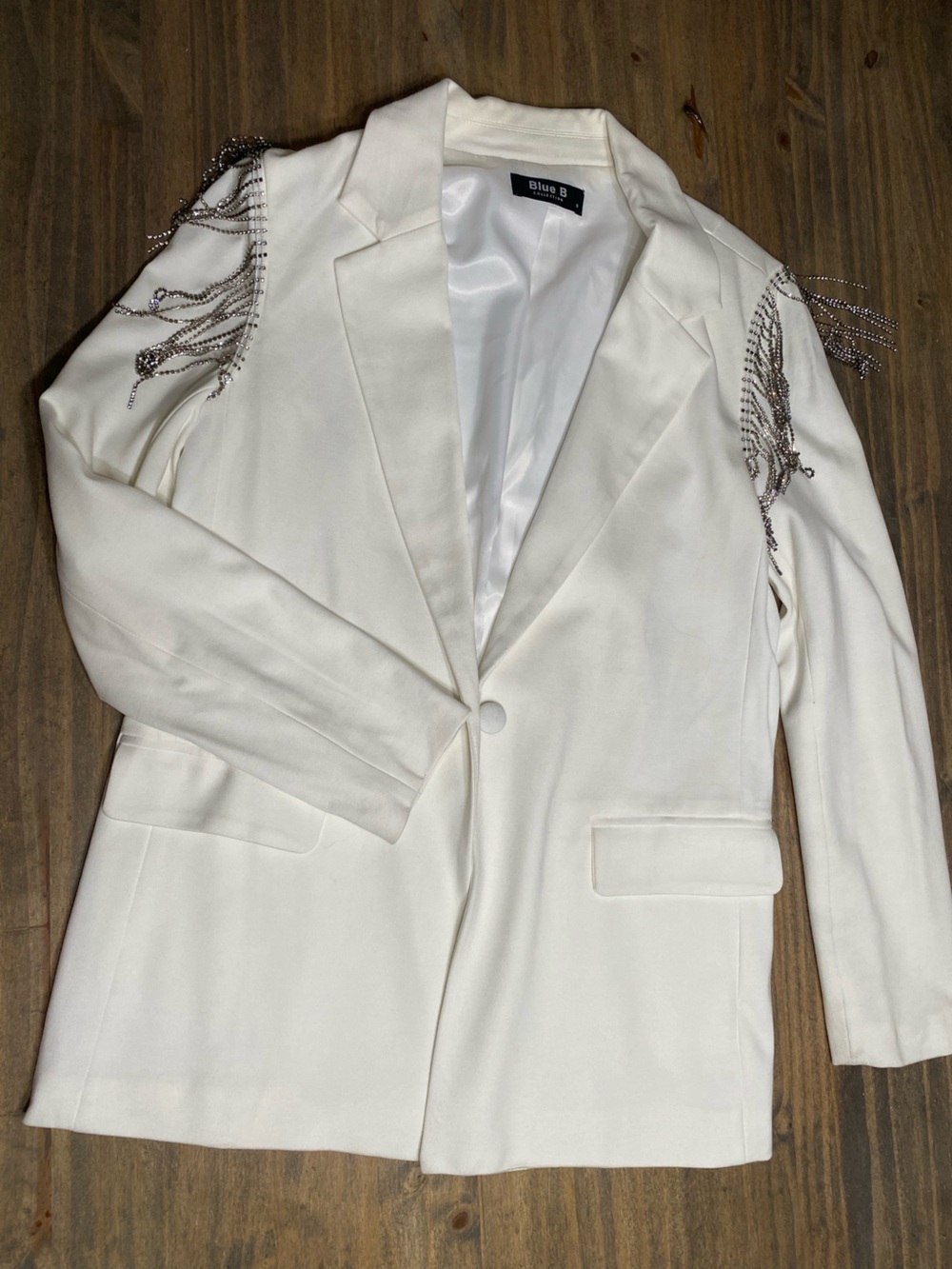 Blue B White Beaded Fringe Blazer